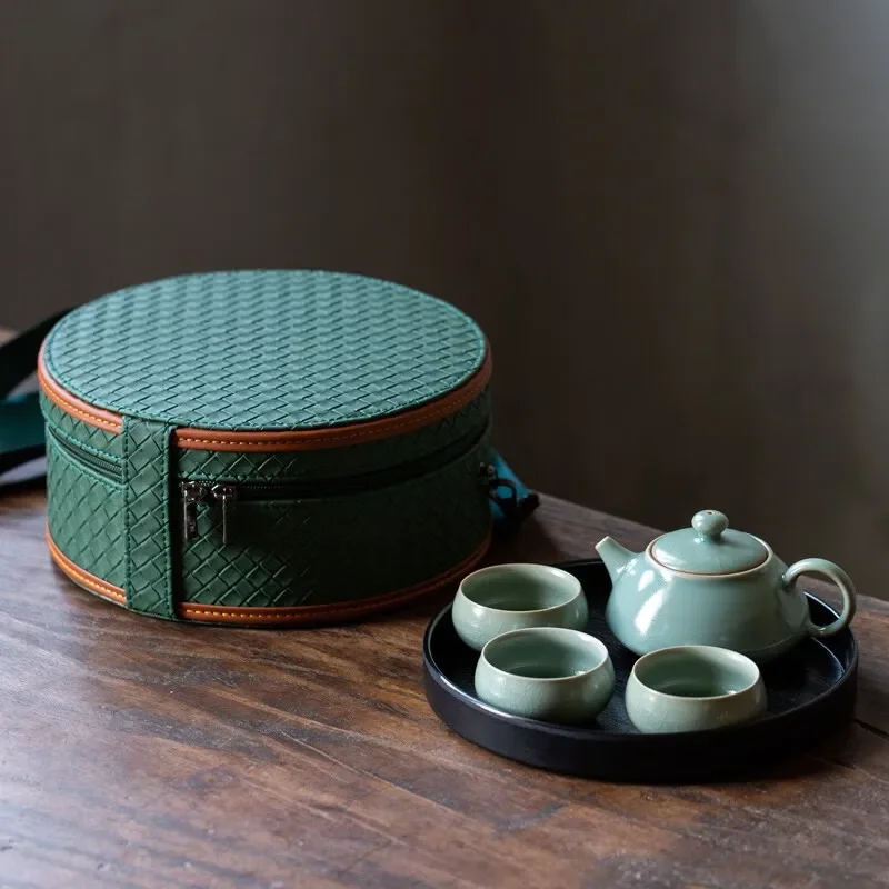Ruguan Kiln Travel Tea Set Teapot Teacup Complete Set Portable Package Car Kung Fu Outdoor Tea Maker Luxury Tea Ceremony Gift