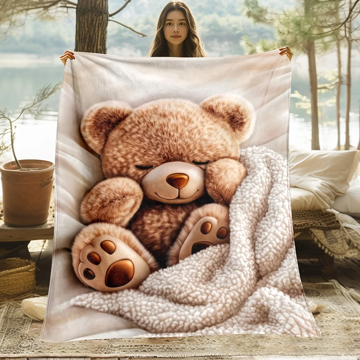 1pc of Soft Flannel-textured Teddy Bear Plush Throw Blanket, Featuring a Three-dimensional Cute Bear Face Design, with a Warm Br