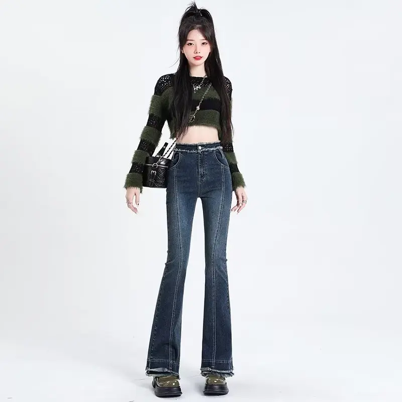 Spring Women pants Trousers Femme Spring Straight Leg Dragging High Waist Wide Leg Cool Bell Bottom Trousers Fringe jeans Fashio