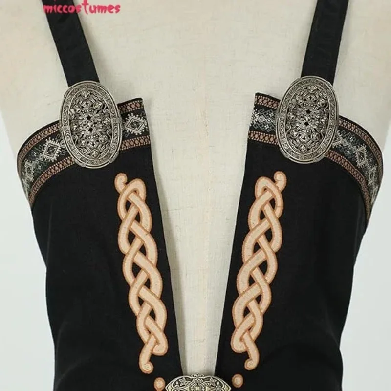 miccostumes 女性のバイキングエプロンレトロドレス中世衣装リネンブレンドオーバードレスブローチベルト付き