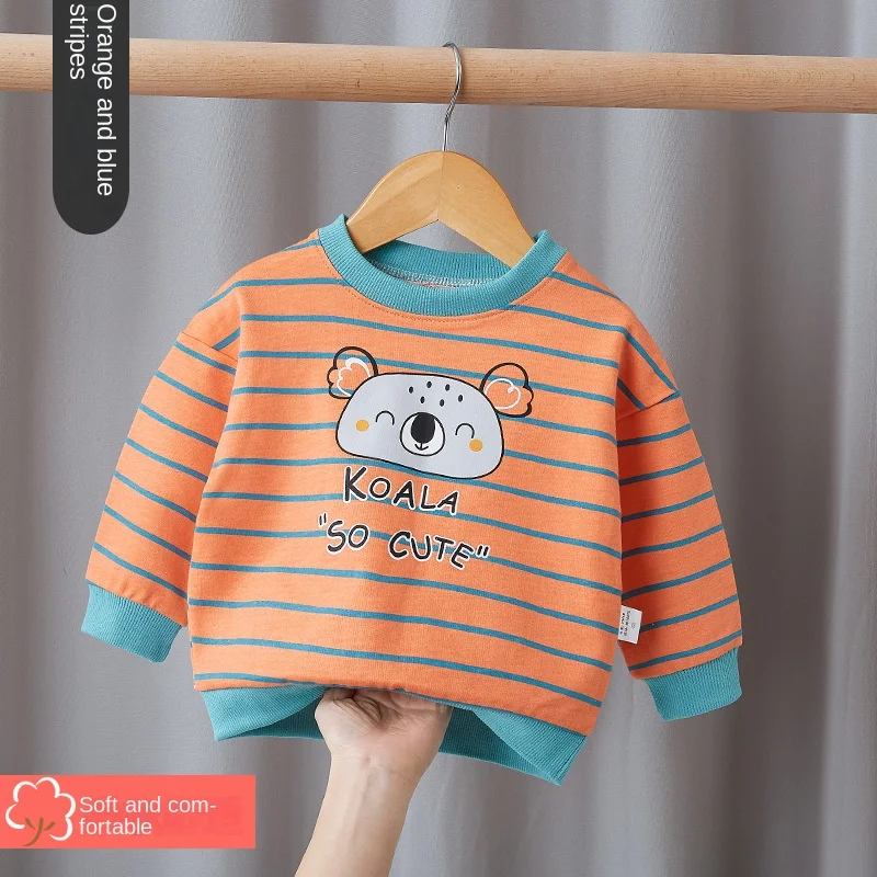 Children's T-shirt Stripe Solid Color Long Sleeve Thin Cotton Cartoon Print Children's Coat Underlay Fashion Spring and Autumn