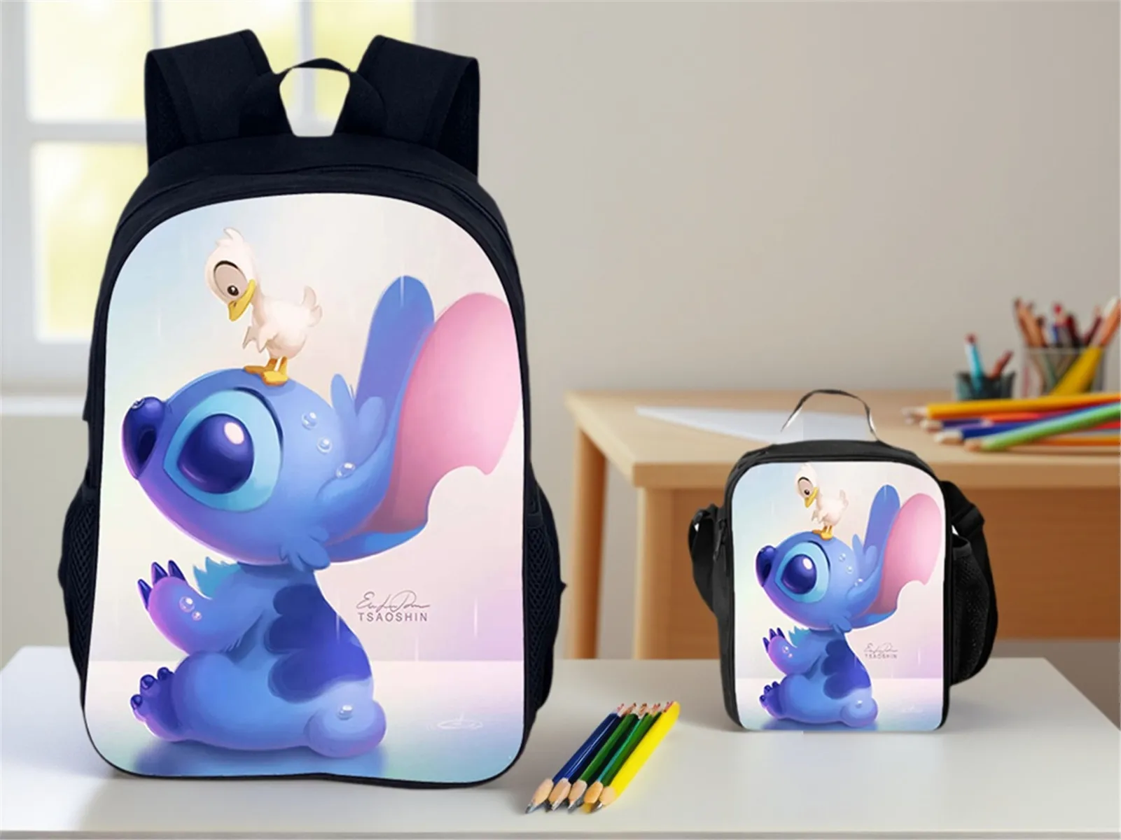 

Little Boy Girl Canvas Backpack and Reusable Lunch Box 2Pcs Set,Stitch Schoolbag Cartoon Daypack Rucksack