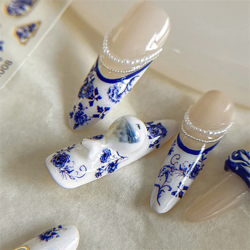 1 folha de adesivo de unha de porcelana azul e branca estilo chinês, adesivo de arte de unha de cerâmica com adesivo, adesivo de arte de unha DIY