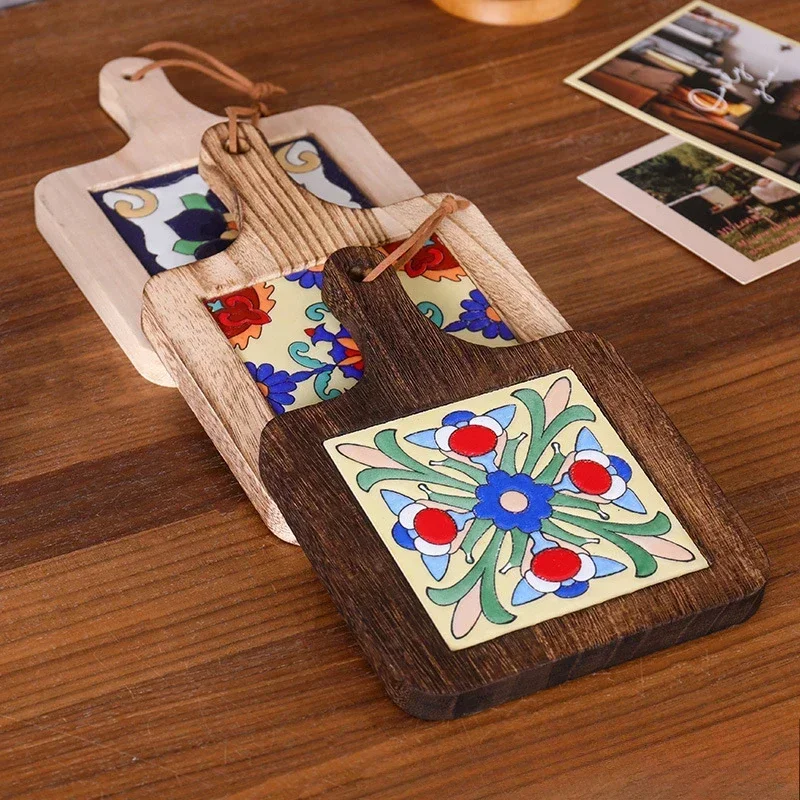 Hot Japanese Restaurant Retro Solid Wood Tile Handle Pot Pad Wooden Anti Scald Plate Pad Household Casserole Insulation Wood Pad