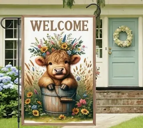 Witamy dwustronna flaga ogrodowa z krową rasy Highland ~ 12