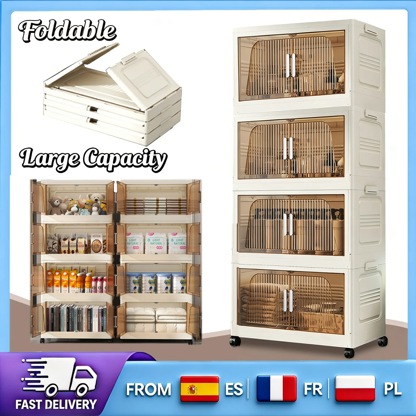 Armoire de rangement pliable grande capacité, organisateur empilable en plastique robuste avec roulettes pour vêtements et couvertures