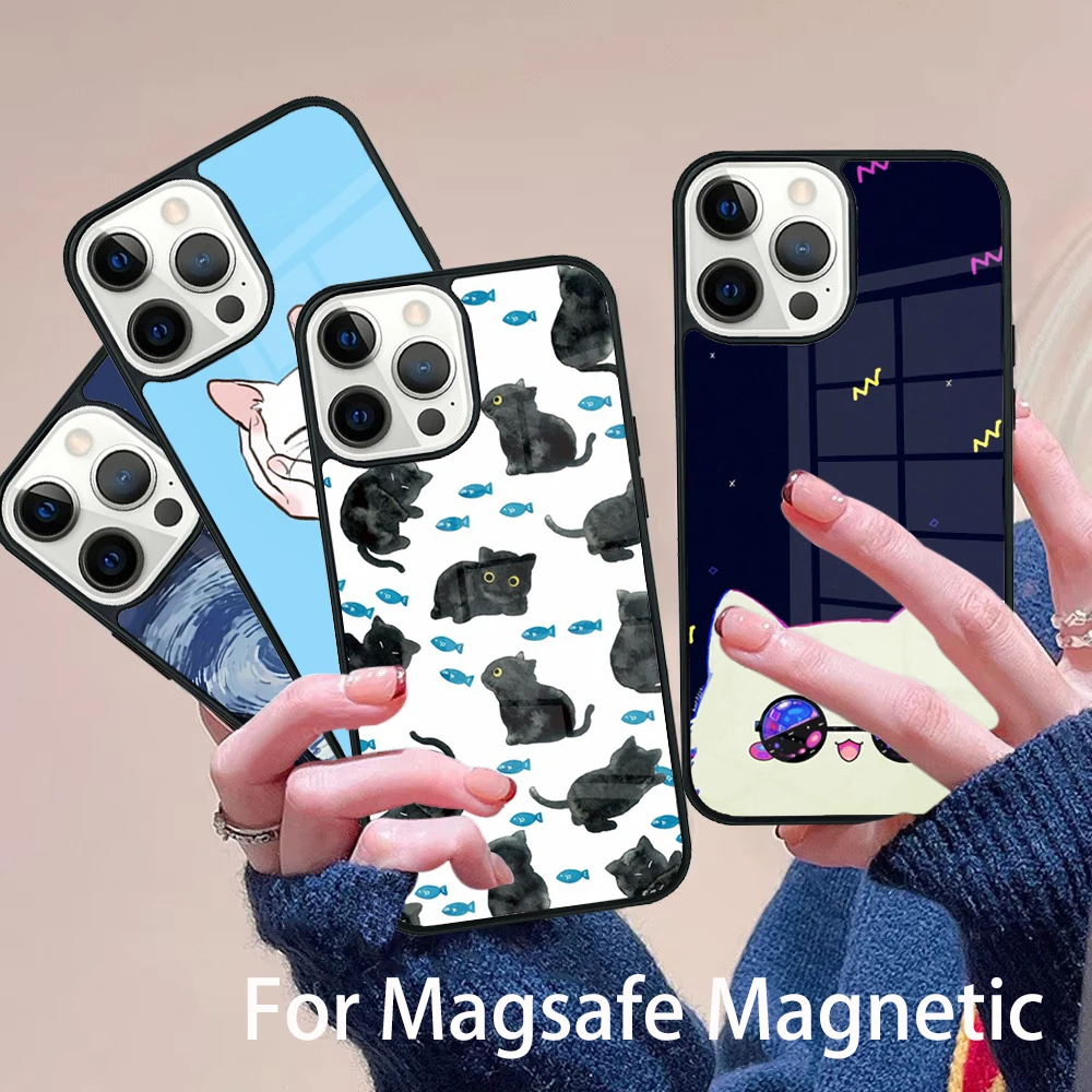 

Black Cat Cartoon Cute Phone Case Magesafe Magnetic Wireless Charge Cover For IPhone 16 11 12 13 14 15 Pro Max Plus Mini