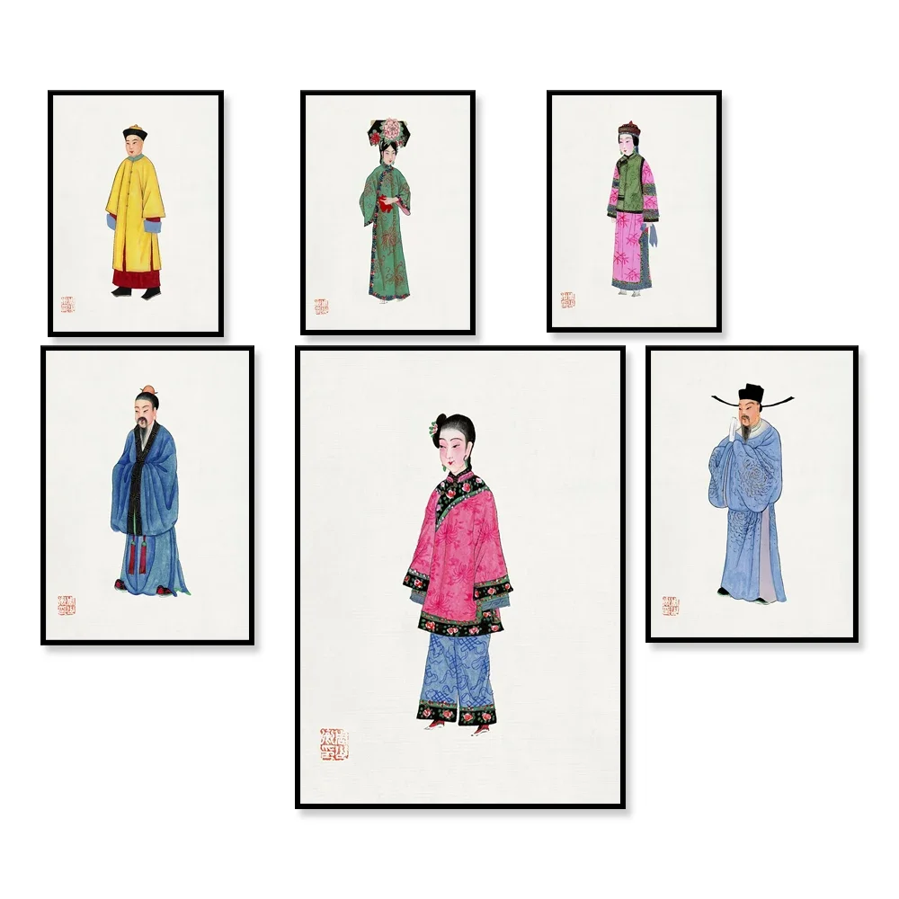 

Vintage Chinese Qing Dynasty clothing fashion illustration, Qing Dynasty costumes, Chinese retro ancient characters poster