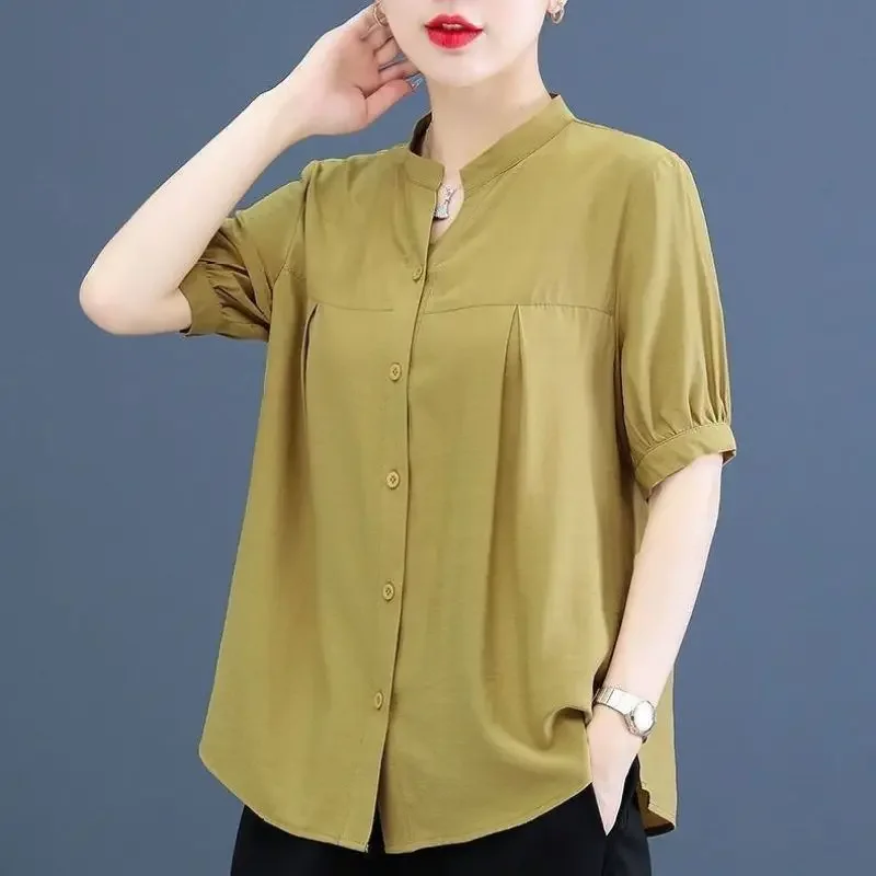 

Summer New Tshirt Short Sleeve Fashion Stand Up Collar Versatile Solid Button Folds Female Clothing Elegant Casual Vintage Tops