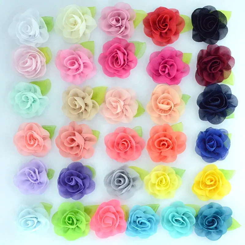 20pcs/lot Leaf Chiffon Flowers Rosette Rose Flower Kids Girls Hair Accessory Artificial Flower Bouquet Decor