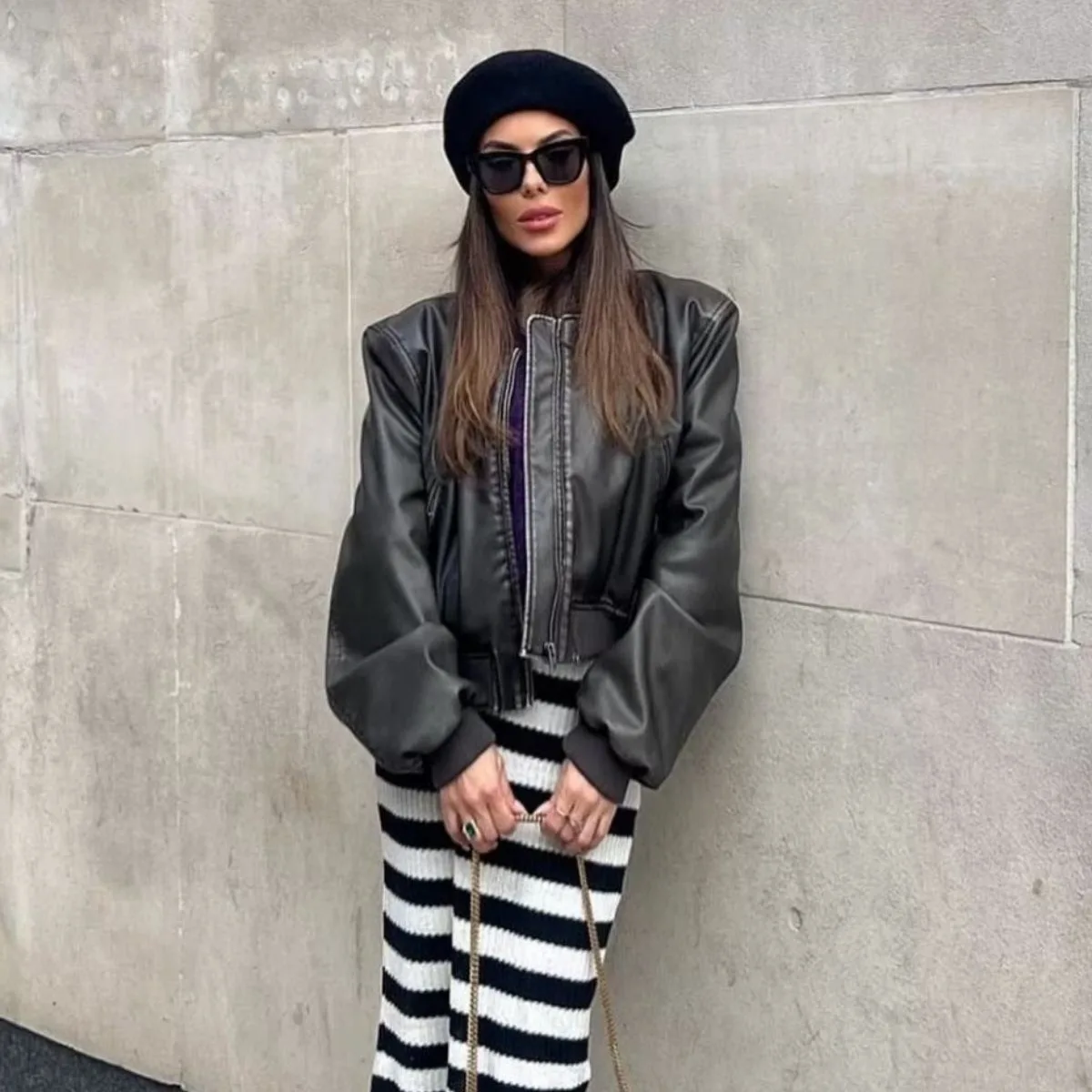 

KIDCRKJ PU Street Fashion Style Slim Fit Jacker For Women Zipper Stand Collar Motorcycle Bomber Jacket Ladies Leather Jacket