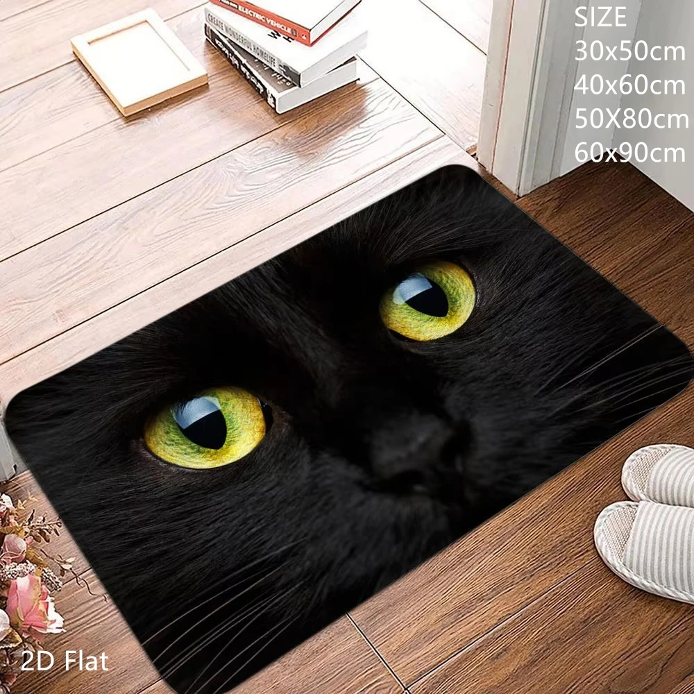 Mysterious Black Cat Floor Mat Vivid Big Yellow Eyes Animal Print Decor Mat Entryway Hallway Kitchen Bedroom Home Decor Doormat