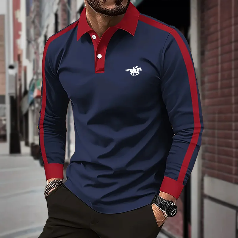 2024 Men\'s long sleeved polo shirt, spring and autumn casual sports breathable top, men\'s fashion patchwork polo shirt