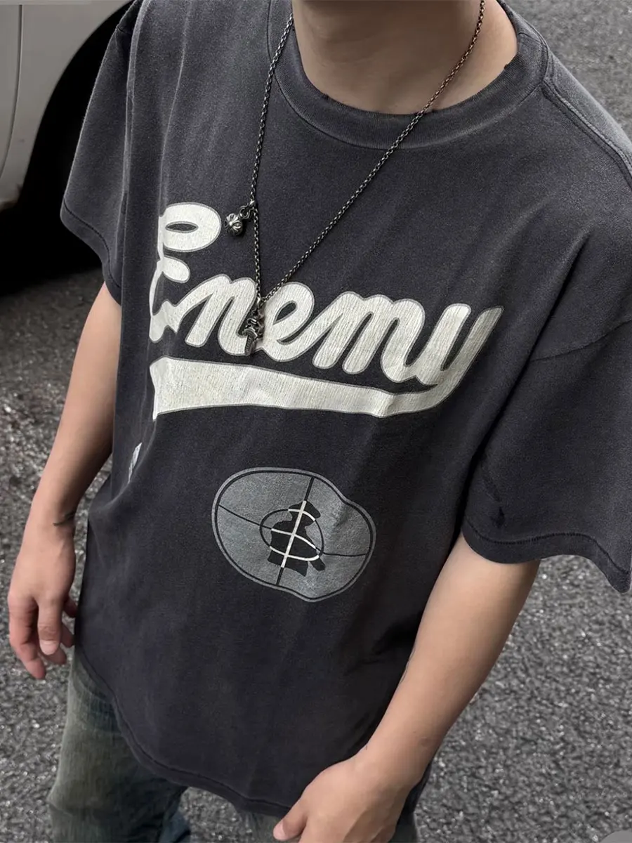 

Retro Waed Print High Street Loose Summer Heavy ort Sve T-irt Men's Casual Breathable Cotton round Ne Tee for Couples