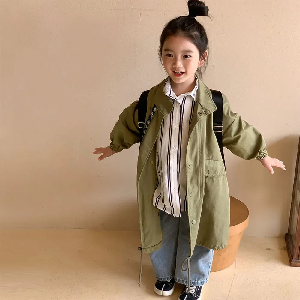 

South Korean children's clothing autumn girls long trench coat girl baby twill draw rope coat spring autumn new style 80-140cm