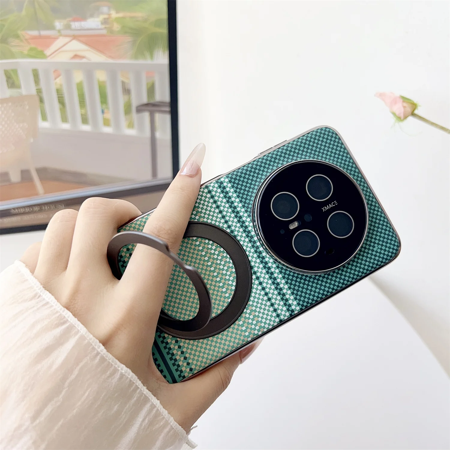 Luxe Magnetische Ring Stand Koolstofvezel Patroon Magsafe Case voor Huawei Mate 70 Mate 60 Pro Plus Plating Draadloos Opladen Cover