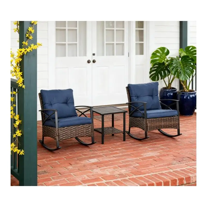 Outdoor Wicker Patio Rocking Conversation Set with Cushions and Table