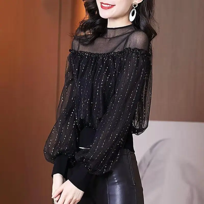 Spring Autumn Elegant Fashion Mesh Spliced Tops Women\'s Clothing Korean All-match Long Sleeve Solid Bright Silk Tops for Female