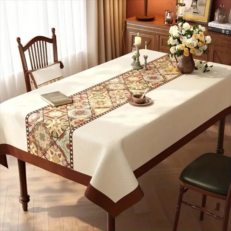 1pc Moroccan Rectangular Tablecloth, Bohemian Style Rectangular Table Cover, Grid Pattern Patchwork Decoration, Suitable for Hom