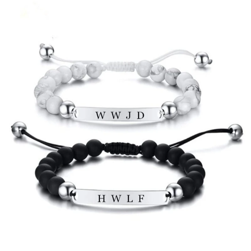 

Simple Stainless Steel WWJD Nameplate Natural Stone Bead Couple Bracelet Valentine's Day Bracelet Easter Gift