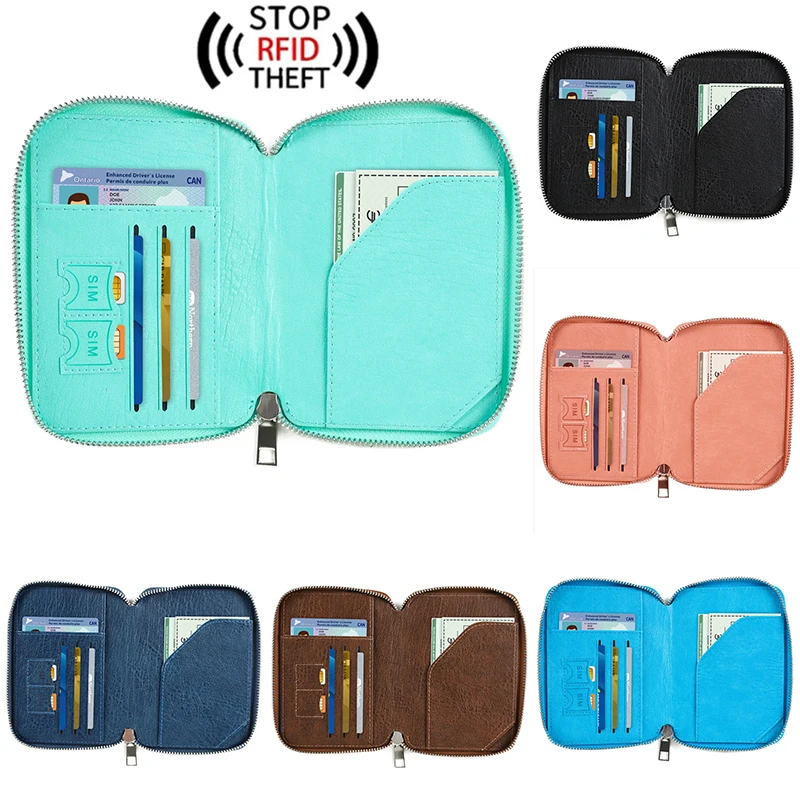 RFID Passport Bag Multifunctional Anti-Theft Brush Travel Documents  Pouch Leather Passport Wallet Zipper Passport Holder