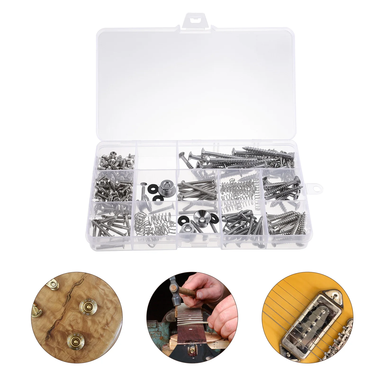 

Guitar Repair Tool Kit 9 Types Screws 2 Belt Buttons Silver Spring Storage Box Electric Guitars Mounting Installation Pickup
