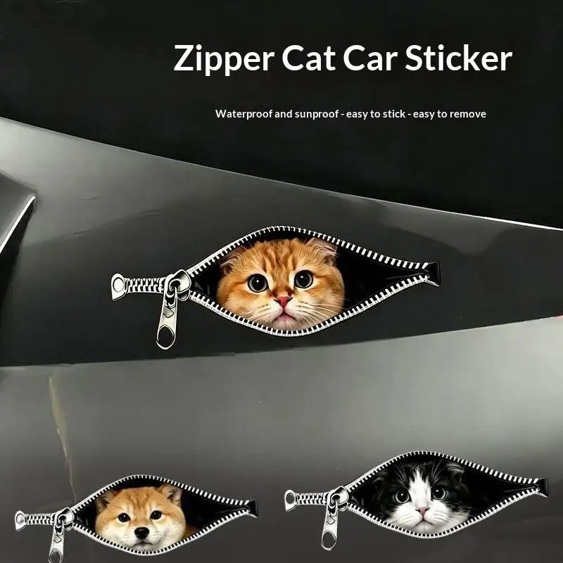 【CMO】Cat Car Sticker Zipper Cat Puppet Teddy Border Collie Puppy Cute Creative Personality Pet Car Decorative Sticker 1PC