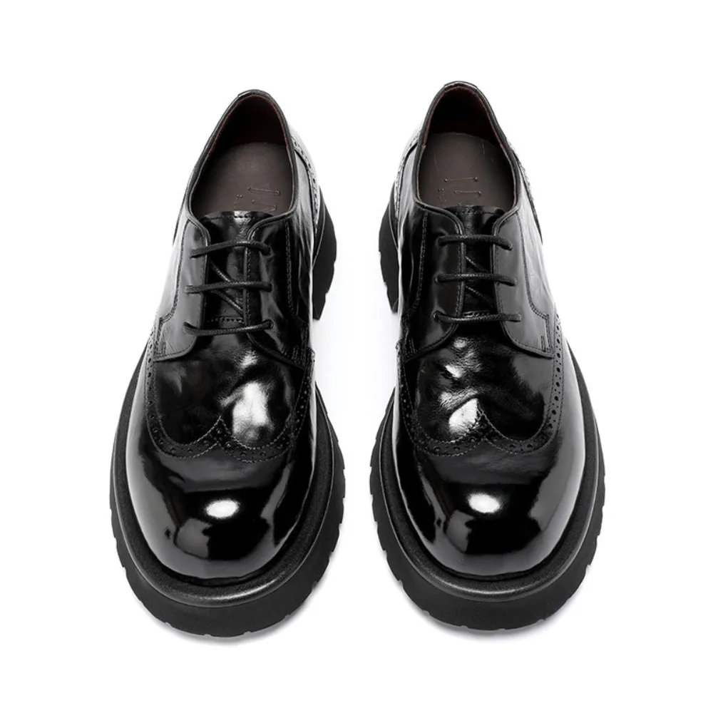 Men Genuine Calf Leather Black Thick Sole Height Increasing British Brogue Dress Casual Shoes Premium Big Head Derby Shoes for