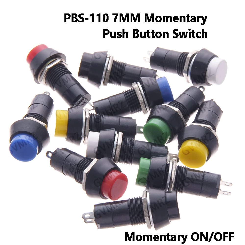 5PCS PBS-110 7MM Momentary Push Button Switch Press The Reset Switch Momentary ON OFF Push Button  Red/Yellow/ White/Green