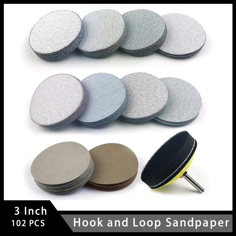 3 Inch Hook and Loop Sandpaper 102 Pcs Assorted 60-10000 Grits with Backing Pad Soft Foam Buffering Pad for Woodworking Auto