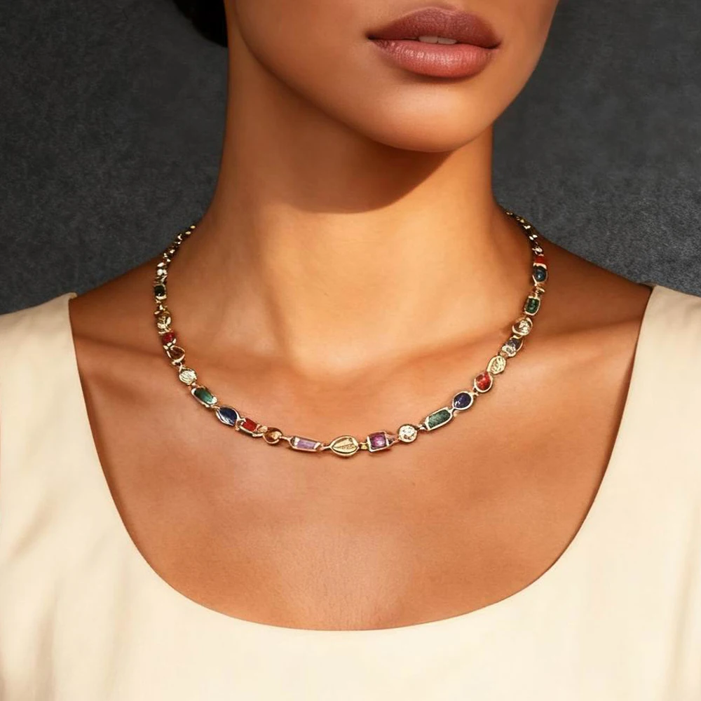 Fashion new inlaid color geometry zircon stitching necklace gold-plated retro adjustable temperament ladies necklace jewelry.