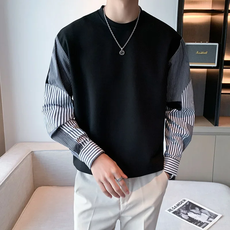 2023 Spring Autumn Men's Stripe Splicing Sweatshirt Casual Loose Fit Round Neck Two-piece Illusion Trendy Top Base Layer