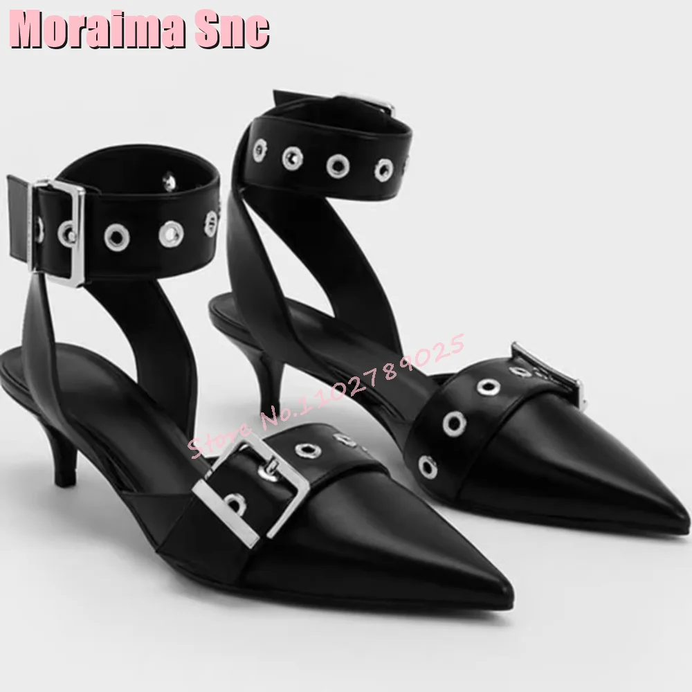 

New Belt Buckle Pointed Toe Sandals Ankle Strap Thin Mid Heel Shallow Fashion Sexy Women‘s Shoes Summer Punk Style Black Solid’