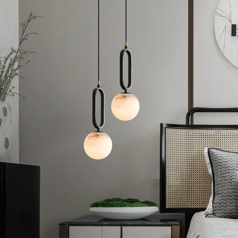 

Modern New Chinese All Copper Marble Single Head Pendant Light Bedroom Headboard Aisle Restaurant Tea Room Hanging Line Light