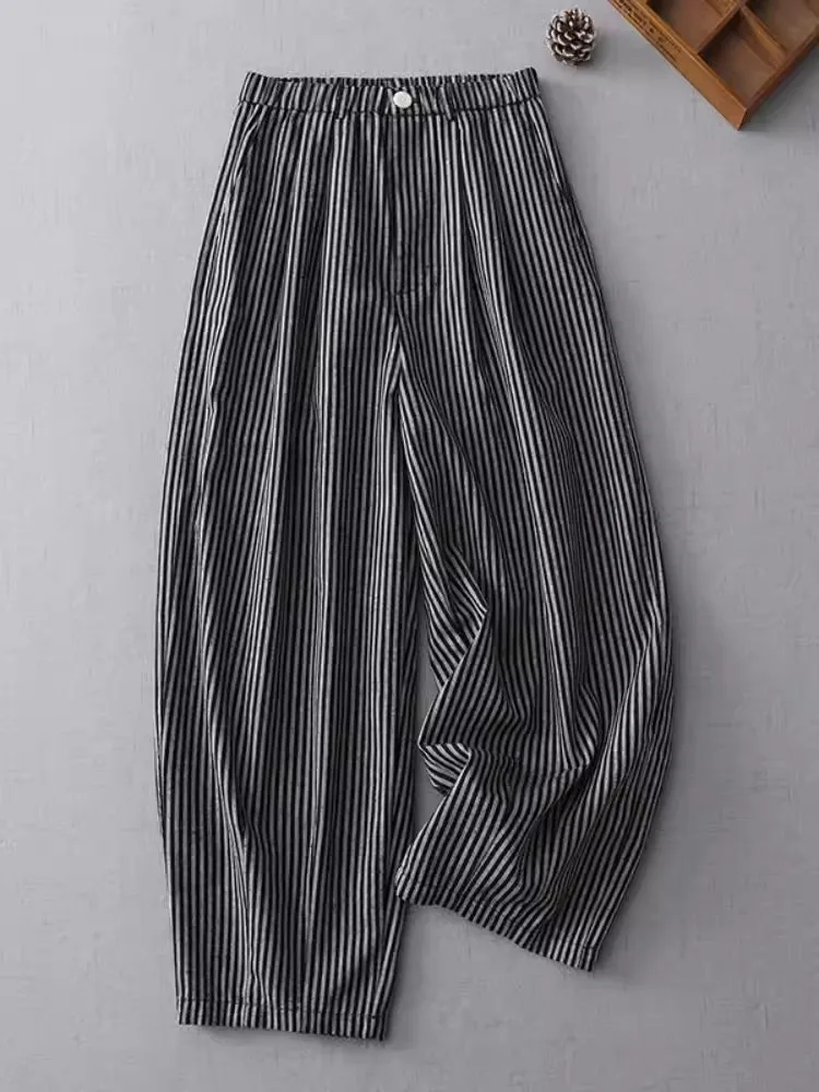 Vintage Stripe Wide Leg Pants 2024 New Autumn Women Elastic Waist Casual Loose Harem Pants Ladies Ankle-length Carrot Pants