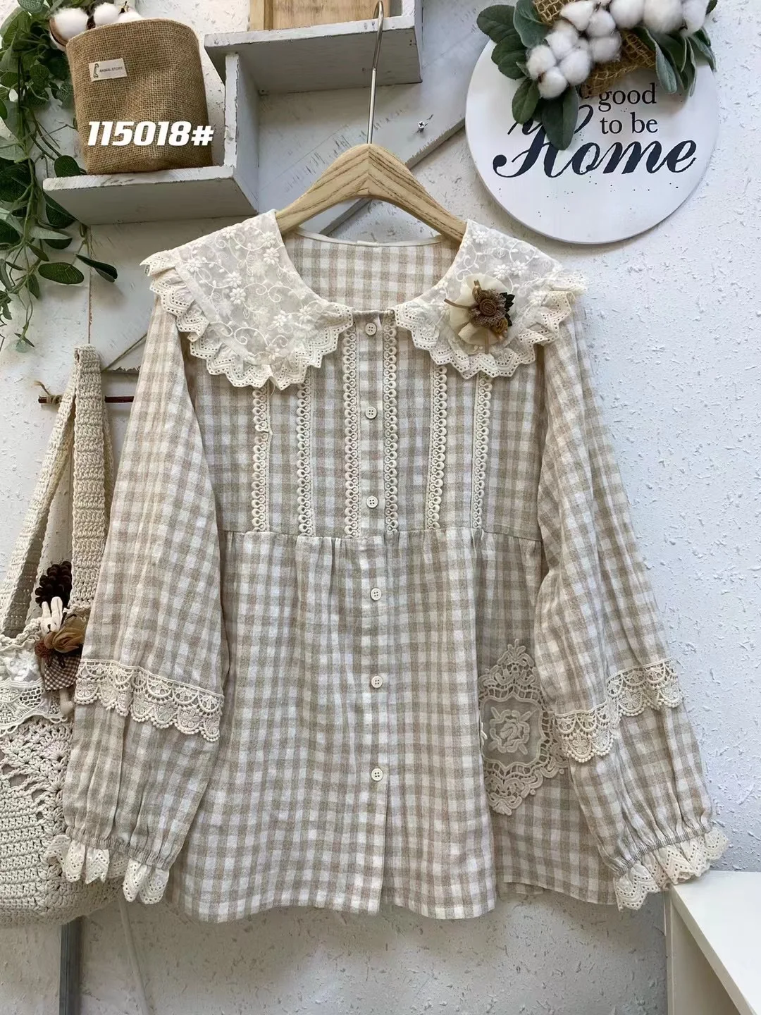 

Рубашка Renen Countryside в клетку с кружевным воротником-стойкой, с эффектом омоложения, с длинными рукавами, из хлопка и льна, с декоративными вставками, милый топ-рубашка в кукольном стиле