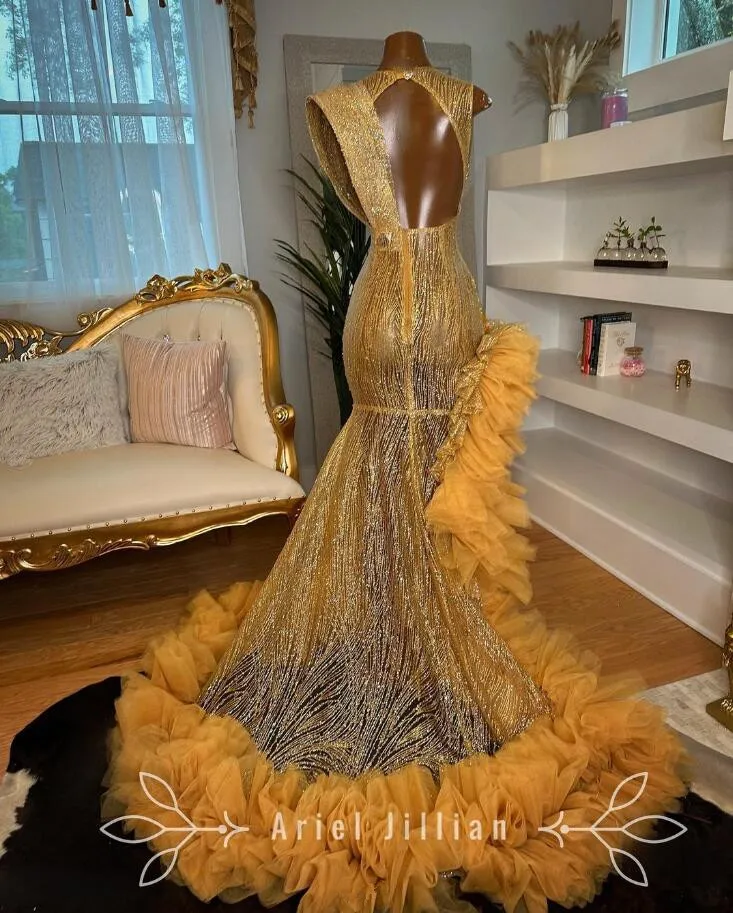 Gold Sparkly Mermaid Evening Ceremony Party Dresses for Black Girl 2024 Luxury Diamond Gillter Prom Gown vestido festa