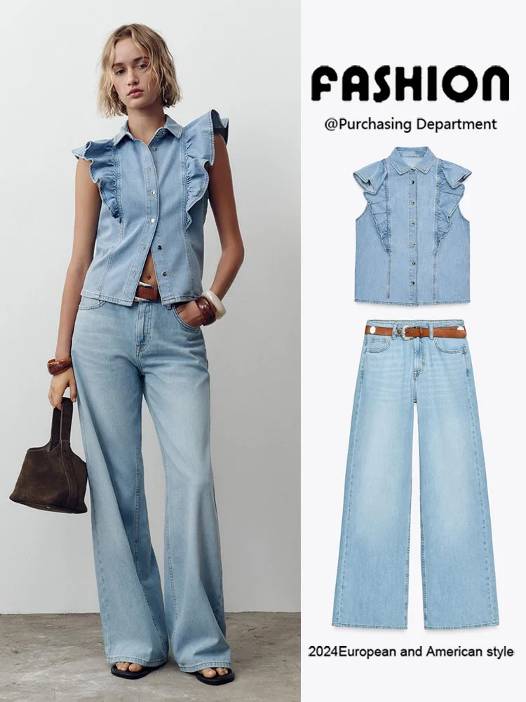 ชุดยีนส์ขาตรงทรงตรงแฟชั่นสำหรับผู้หญิง คอลเลคชั่นฤดูร้อนปี 2025  พร้อมปกเสื้อ  ใส่ได้หลากหลายโอกาส