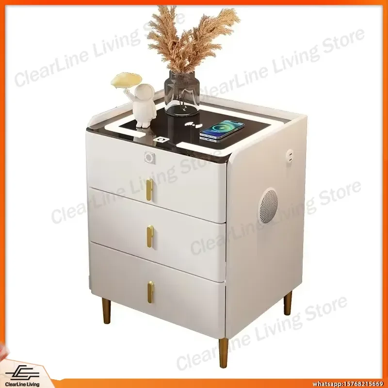 Modern Nightstand with Wireless Charging 3 Drawers Fingerprint Lock LED Light Bedside Table for Bedroom Home Office Storage