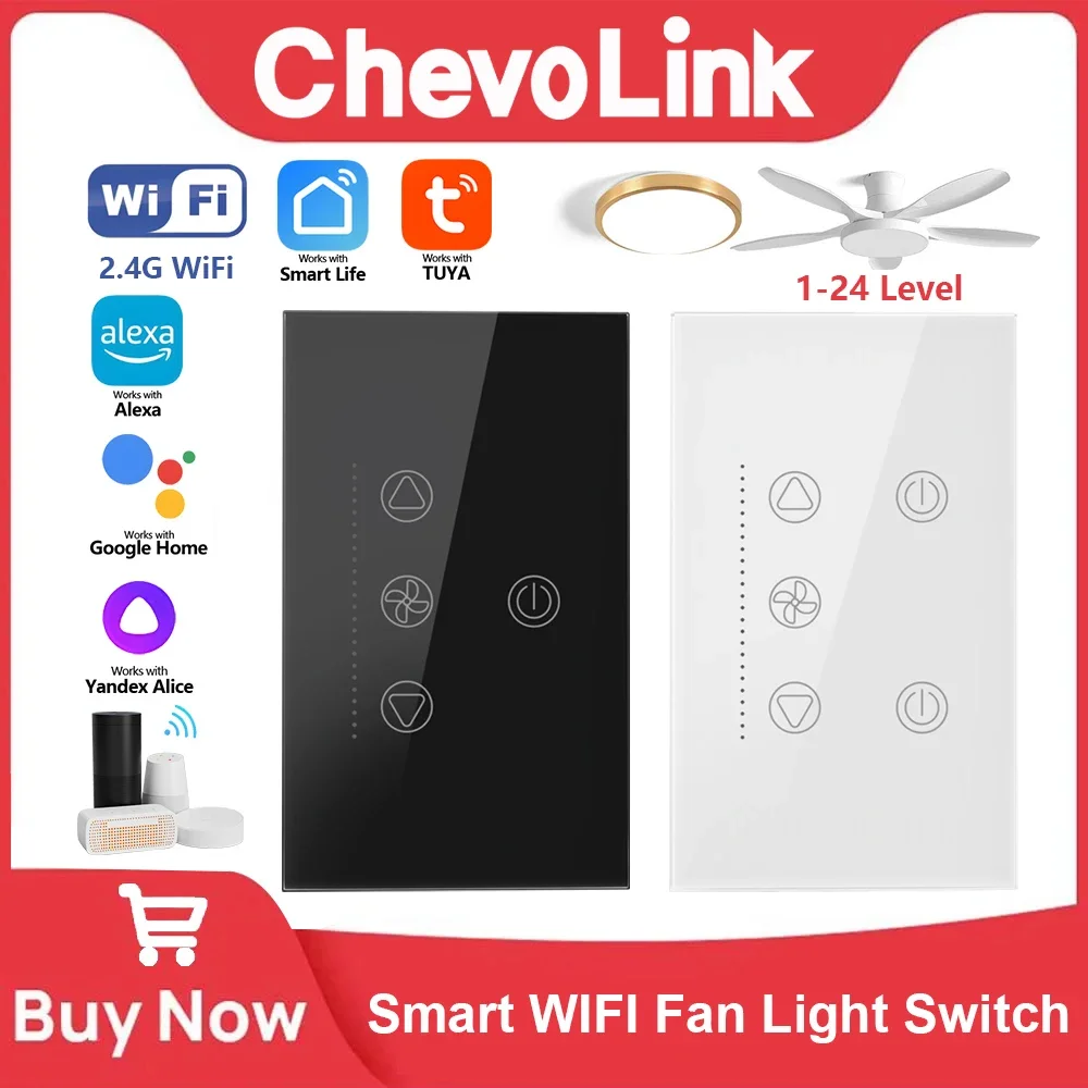 Tuya WiFi Bluetooth Smart Fan Light Switch US Standard Wall Touch Switch APP Remote Voice Timer Speed Control Alexa Google