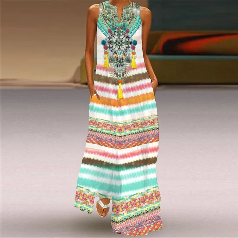 Loose Ankle-Length Bohemian Printed Dress Women's Sleeveless Beach Sundress VLCQ