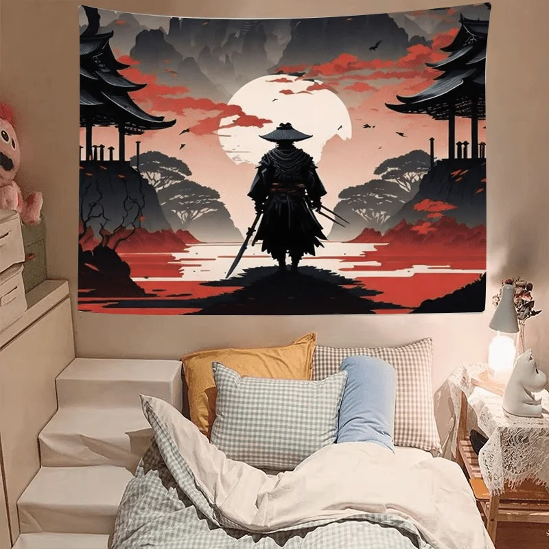 Занавеска для душа: «Путешествие самурая через древний пейзаж под спокойным лунным небом» идеально подходит для добавления восточного прикосновения