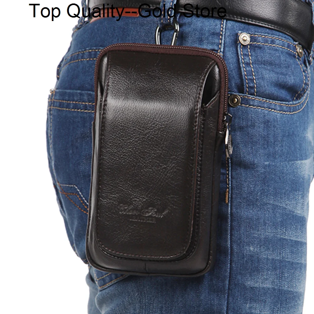 Genuine Leather Men Cell/Mobile Phone Case Purse Designer Holder ID Card Male Natural Skin Belt Money Hook Bag Fanny Waist Pack