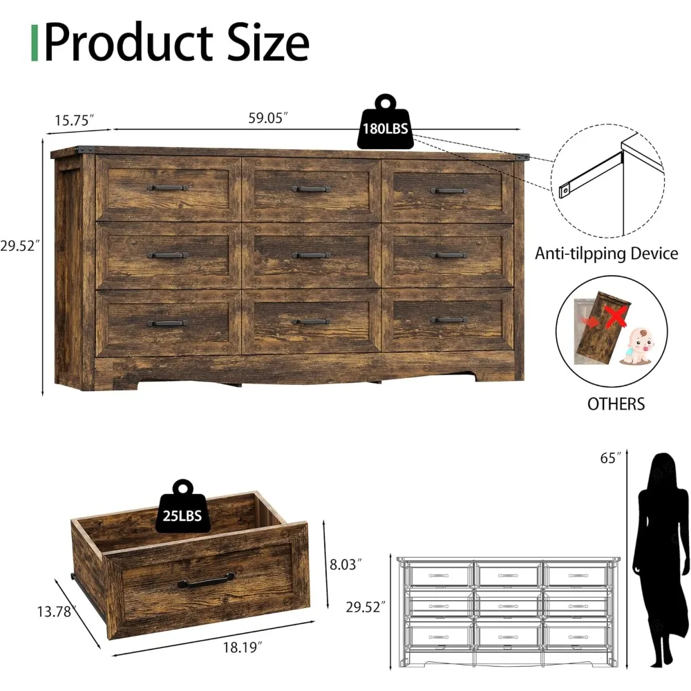 خزانة ملابس لغرفة النوم مع 9 أدراج، خزانة ذات أدراج خشبية واسعة مقاس 59 بوصة مع أدراج عميقة ومقبض عقلي، حامل تلفزيون حديث، عرض #2