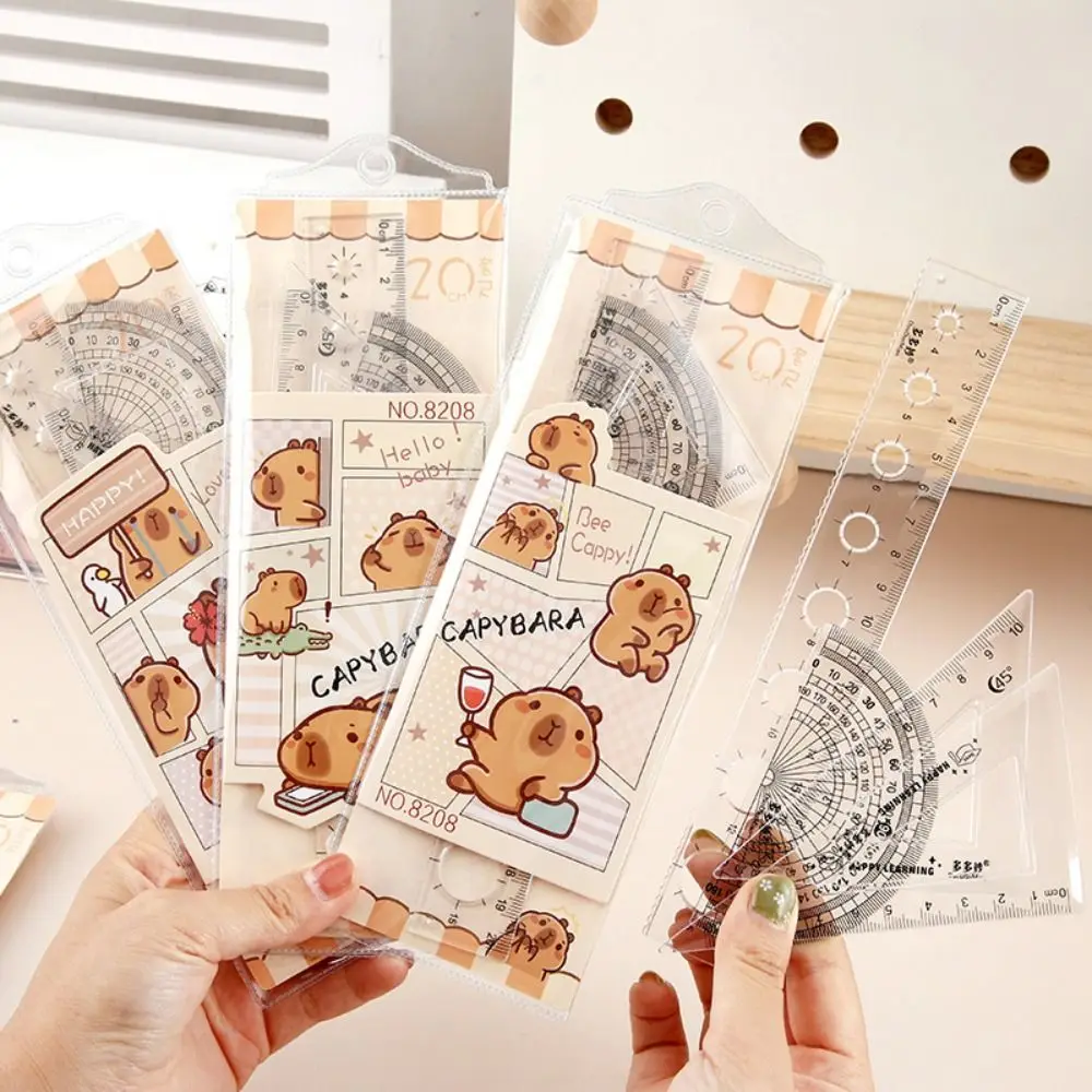 4pcs/Set Transparent Capybara Ruler Set Cartoon Cute Straight Triangle Ruler Drafting Dividing Math Drawing Ruler