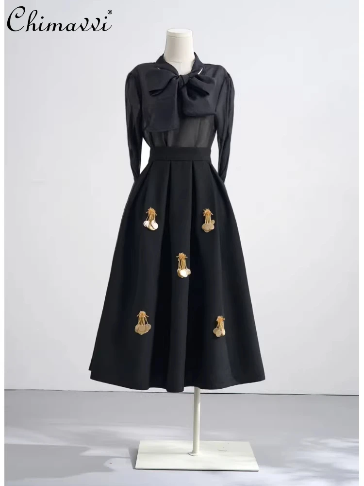 French Hepburn Style Elegant Black High Waisted A-line Pleated Skirt Beaded Tassel Temperament Long Skirts for Women Summer 2026