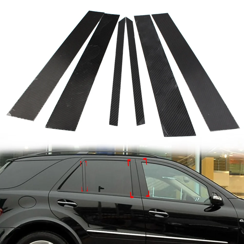 6x Carbon Fiber Car Exterior Door Window B Pillar Post Cover Trim Decorative For Mercedes Benz M/ML Class W164 2006-2011