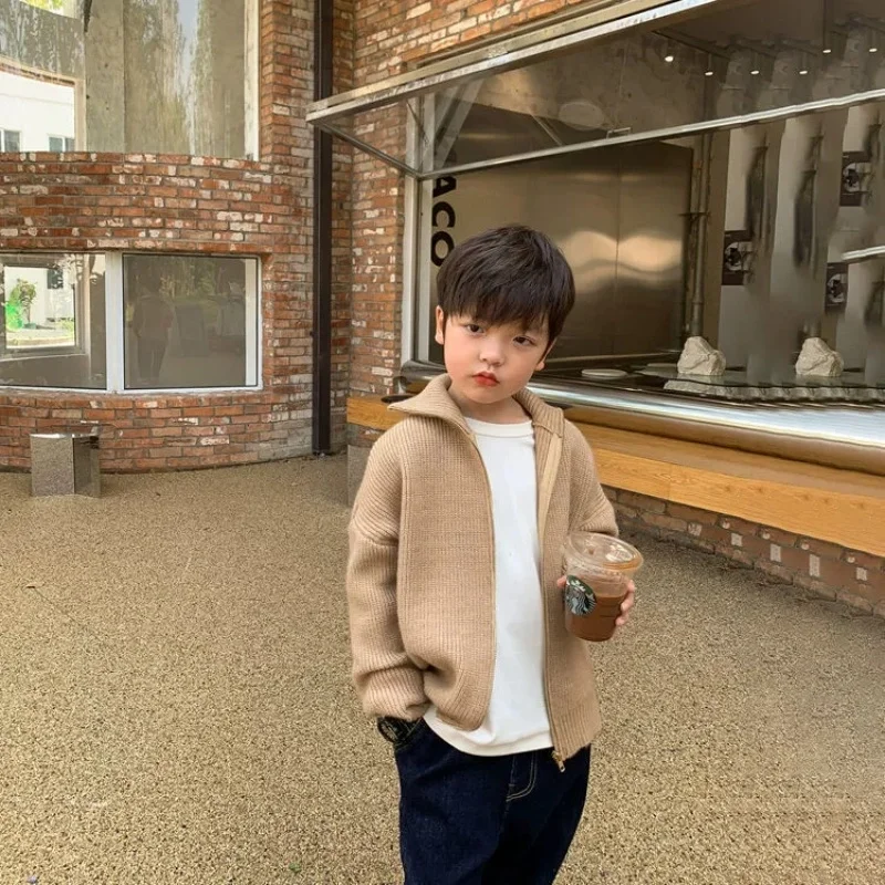 

2025 Khaki Plus Thicken Autumn Winter Outwear Cardigan Christmas Warm Children's Boys Woolen Sweater Jacket Cotton Windbreak