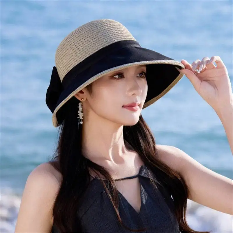 女性用夏用ビーチハット漁村風日よけキャップわら素材アウトドアスポーツヨガフィットネスファン用品