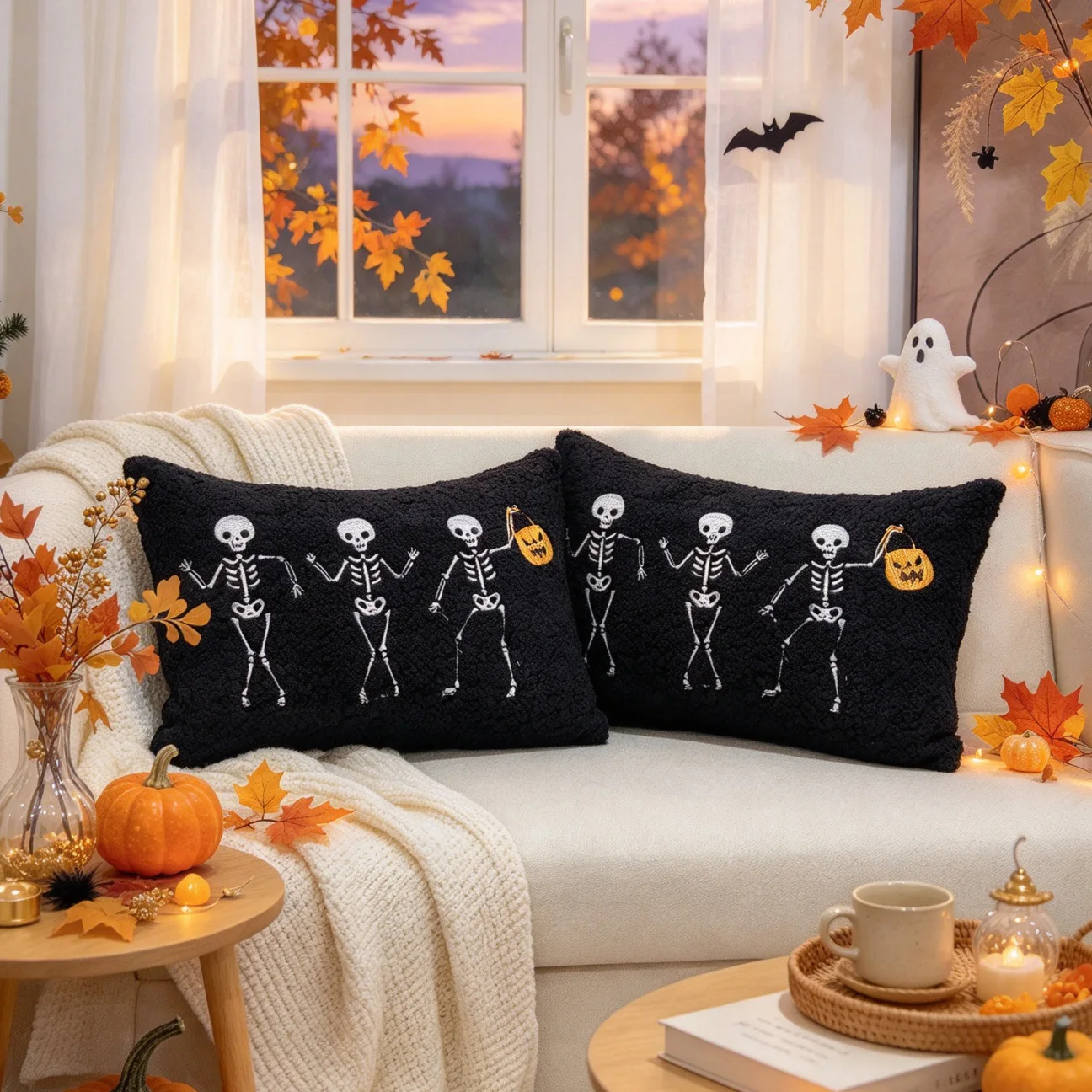 Halloween Cushion Cover Soft Velvet Teddy Fleece 3D Embroidered Throw Pillow Case Festival Fun Party Pillow Cover for Sofa